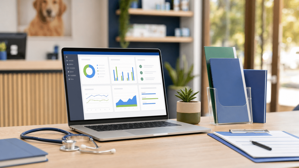 google ads for vets — SA vet clinic reception desk with laptop and stethoscope