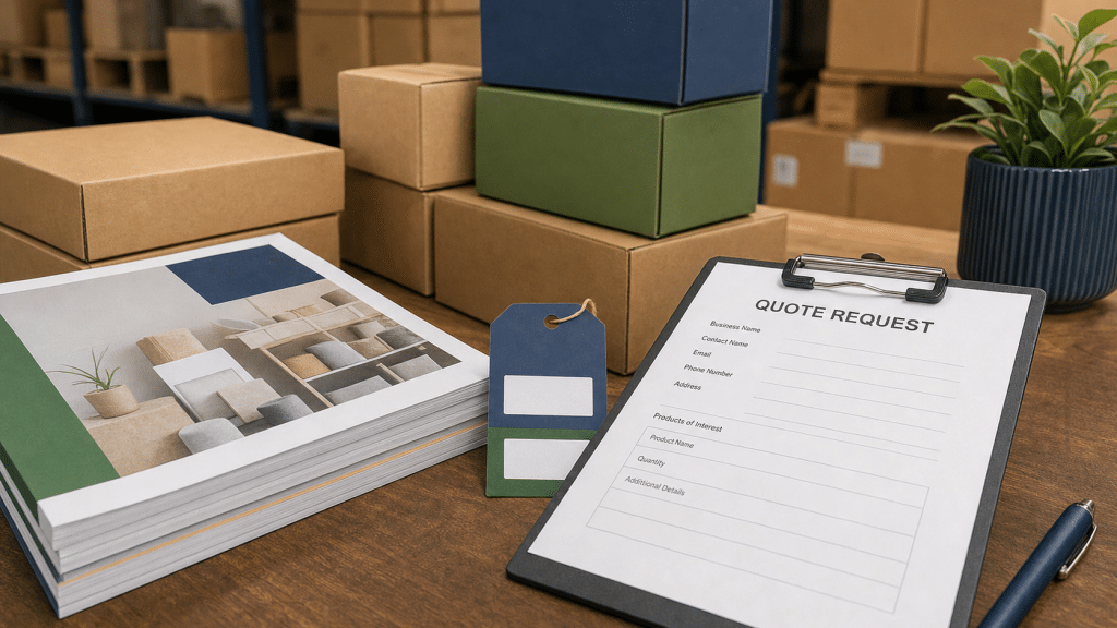 google ads for wholesalers flat-lay of trade catalogues and wholesale product boxes with quote form