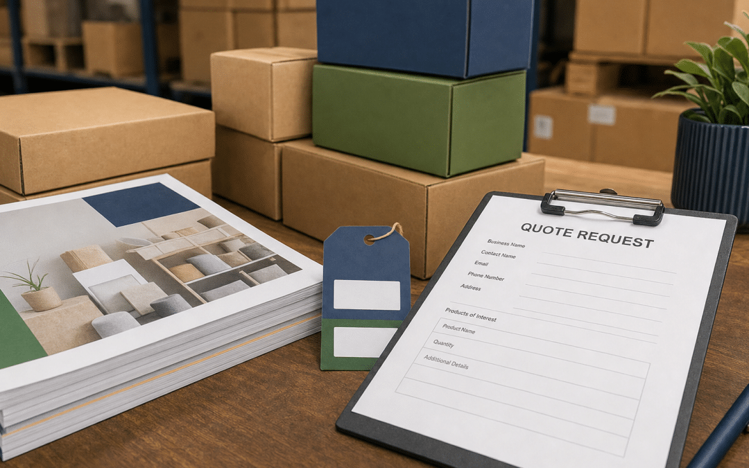 google ads for wholesalers flat-lay of trade catalogues and wholesale product boxes with quote form