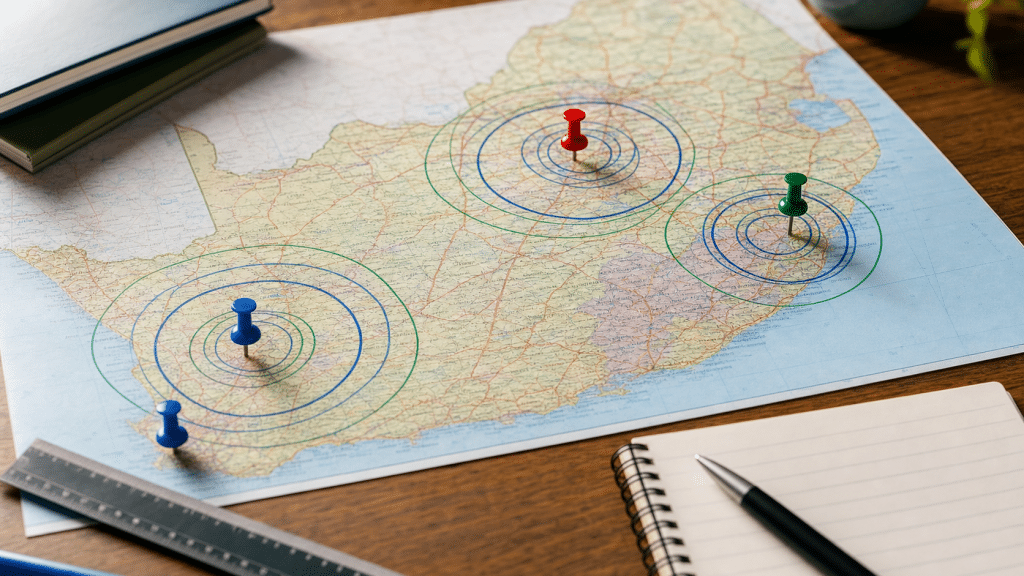 google ads geotargeting South Africa — road map with radius targeting circles at suburb, city and province level