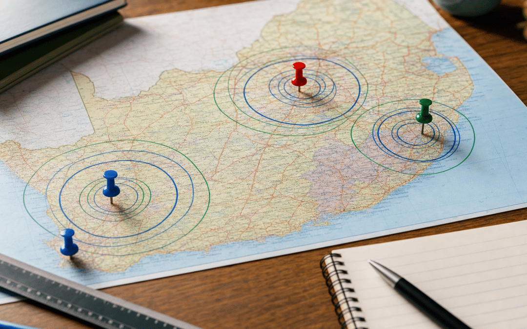 google ads geotargeting South Africa — road map with radius targeting circles at suburb, city and province level