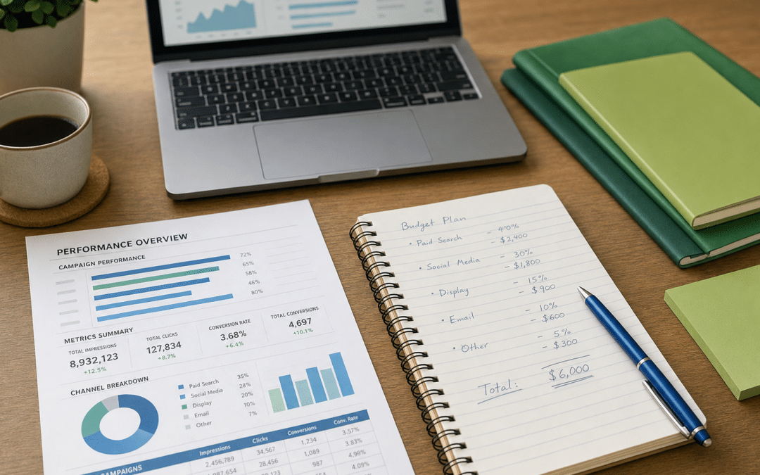 google ads impression share explained — flat-lay of a marketer's desk with a printed analytics report and percentage bar charts