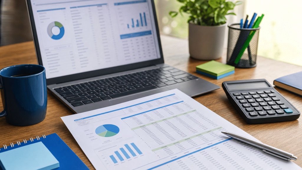 google ads management fees south africa — laptop showing budget spreadsheet with calculator on office desk
