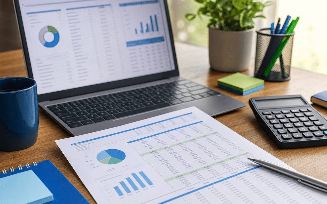 google ads management fees south africa — laptop showing budget spreadsheet with calculator on office desk