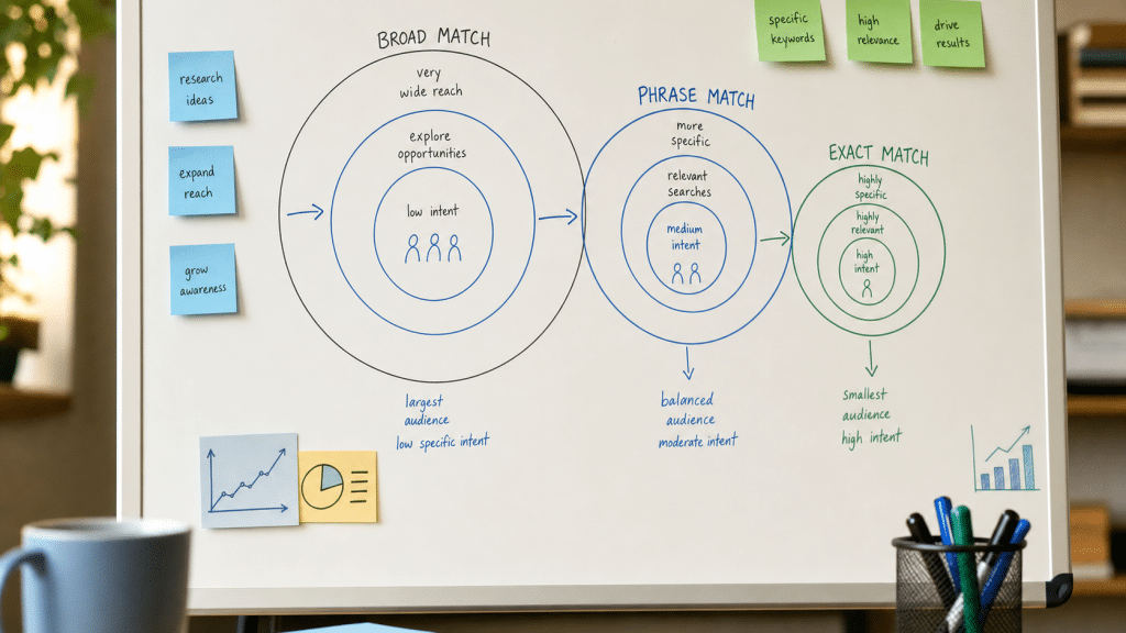 google ads match types whiteboard diagram showing broad phrase and exact keyword matching zones