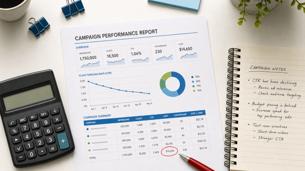 google ads mistakes — flat-lay of campaign report, calculator and budget notes on a desk