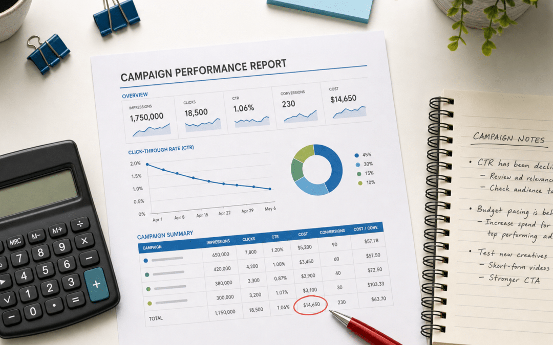 google ads mistakes — flat-lay of campaign report, calculator and budget notes on a desk