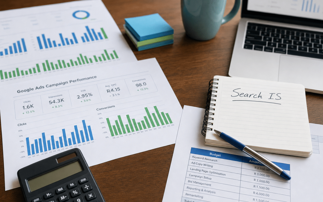 google ads search impression share guide — printed campaign performance charts and metric dashboards on a marketer's desk