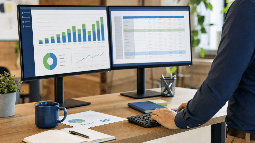 google ads search vs display — professional reviewing campaign budget allocation across two screens