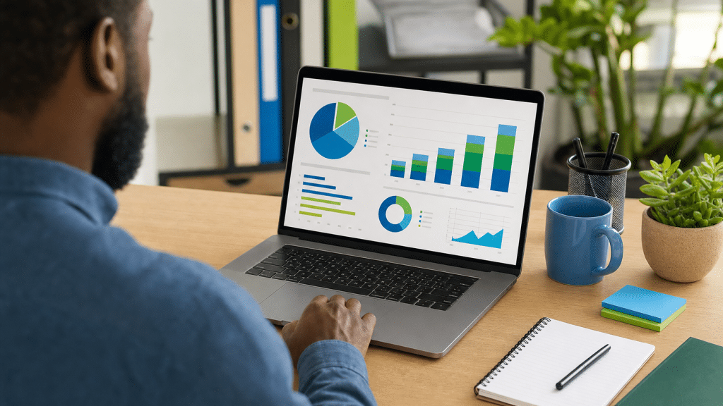 google ads shared budget setup shown on laptop with campaign budget allocation charts