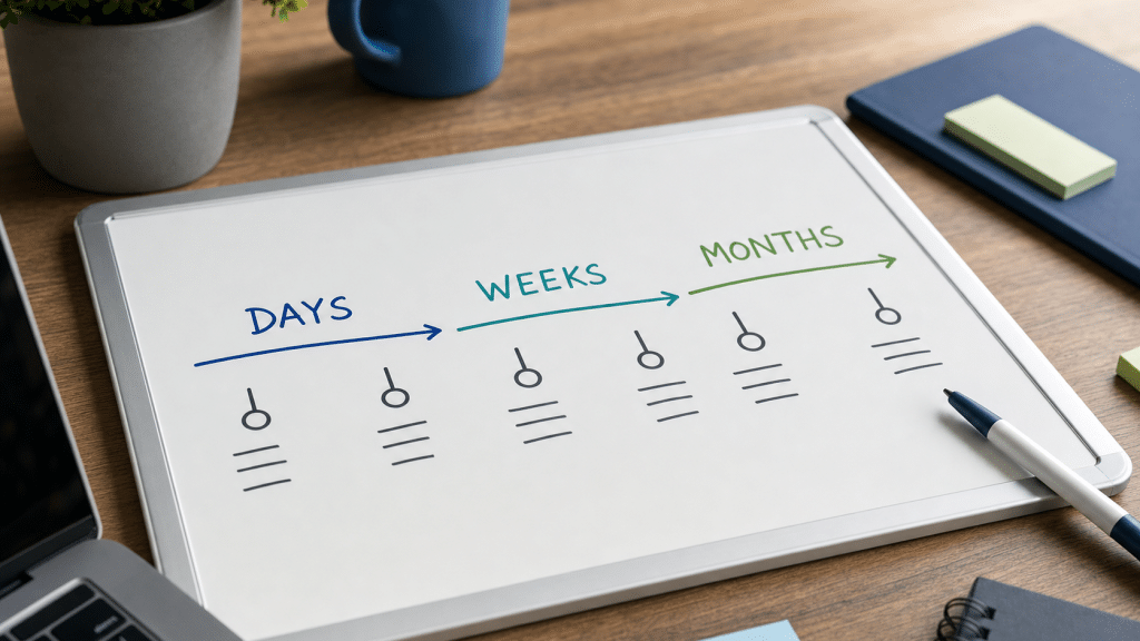 how long google ads take — whiteboard timeline diagram showing three phases from ad approval to stable ROI