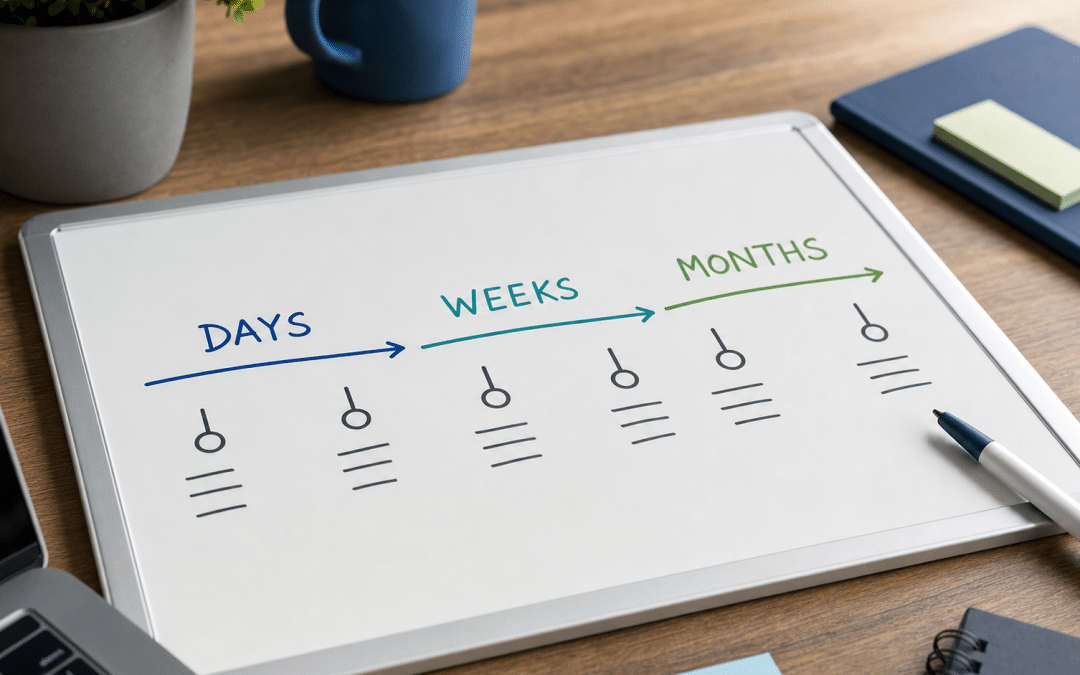 how long google ads take — whiteboard timeline diagram showing three phases from ad approval to stable ROI
