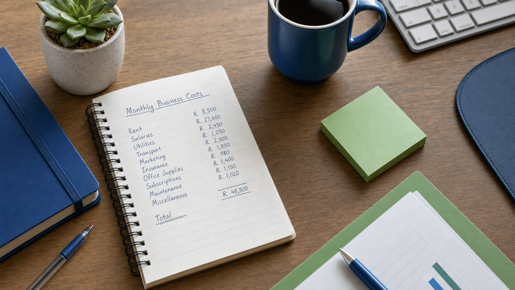 website running cost breakdown flat-lay with notebook and keyboard on a warm-lit desk