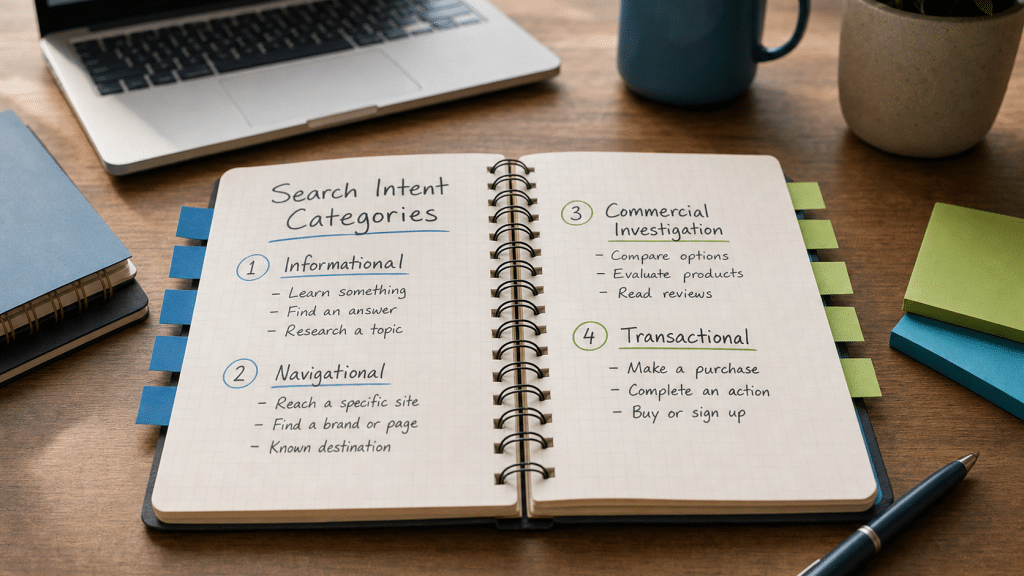 how search intent affects seo — notebook showing four search intent categories with colour-coded tabs