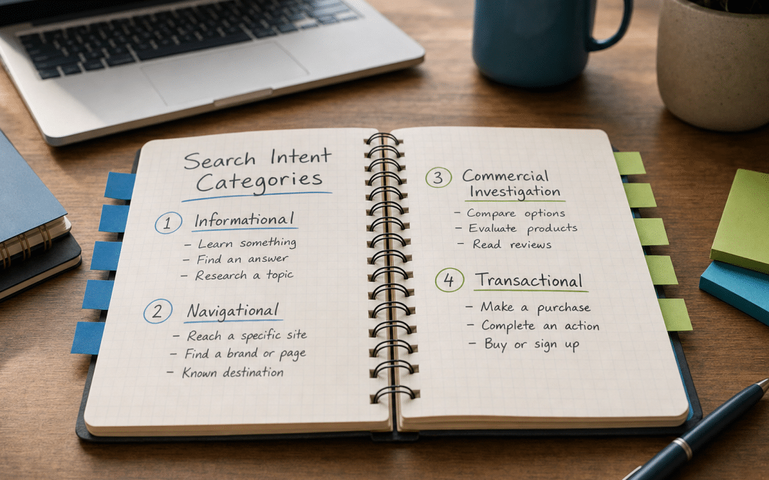 how search intent affects seo — notebook showing four search intent categories with colour-coded tabs