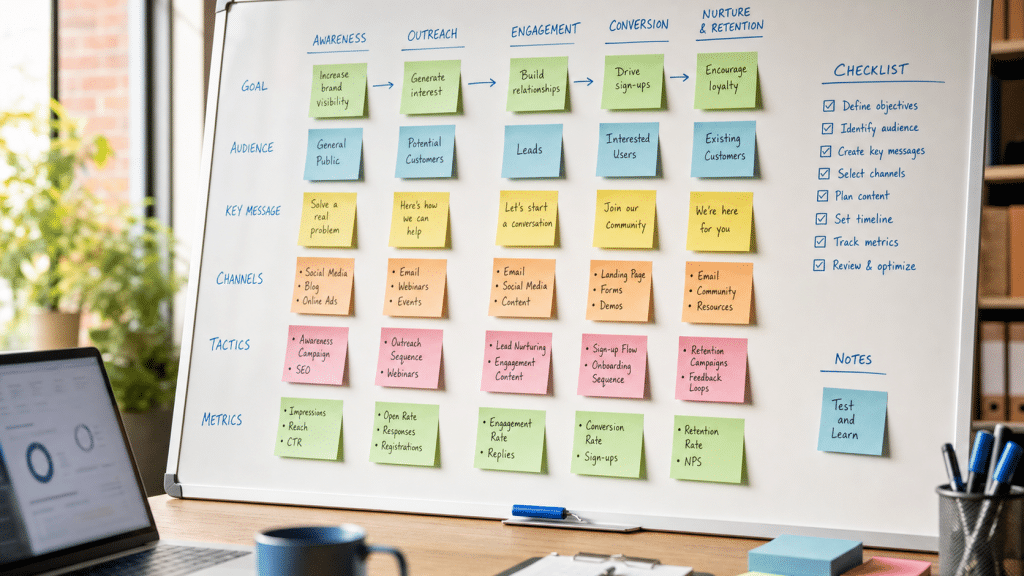 link building outreach checklist mapped out on whiteboard with campaign phases