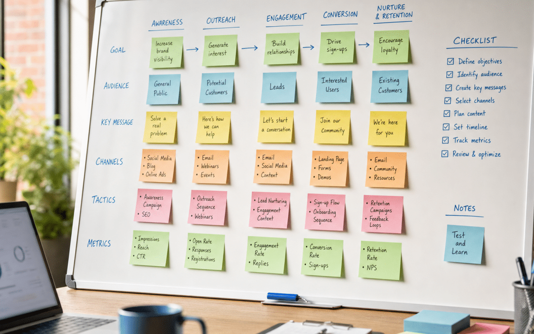 link building outreach checklist mapped out on whiteboard with campaign phases