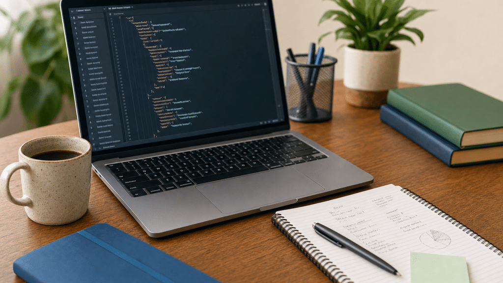 local business schema guide — laptop with JSON-LD code and handwritten notes on a wooden desk