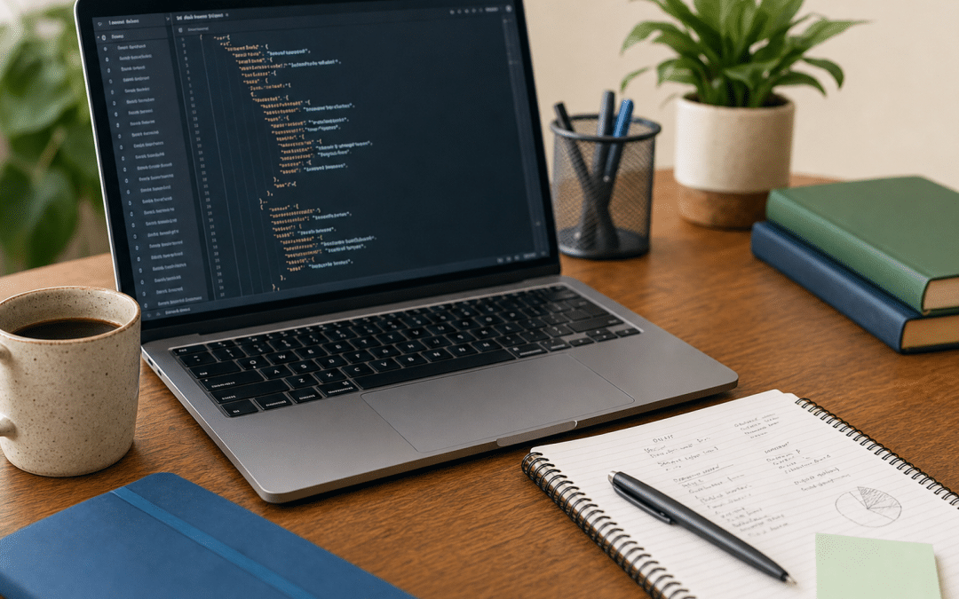 local business schema guide — laptop with JSON-LD code and handwritten notes on a wooden desk