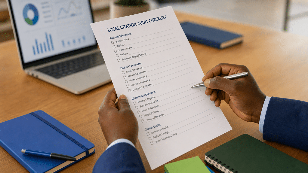 local seo citation checklist printed document reviewed at South African business desk