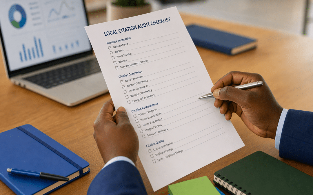 local seo citation checklist printed document reviewed at South African business desk
