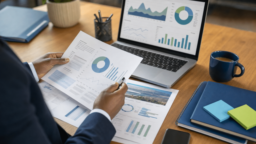 market research costs south africa - professional reviewing research data and survey reports at desk