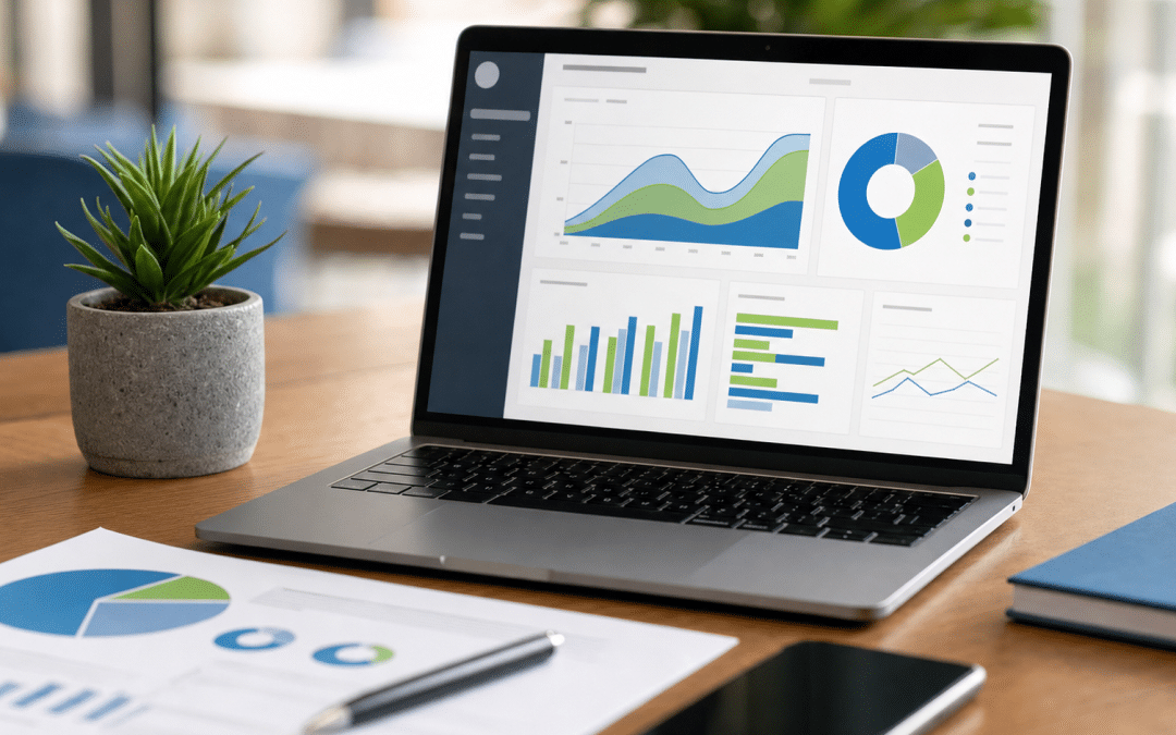 marketing analytics dashboard setup on laptop with report and smartphone