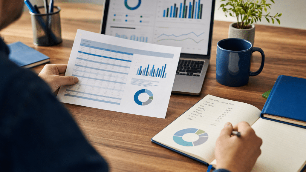 marketing budget review checklist — professional reviewing channel spend spreadsheets at a desk