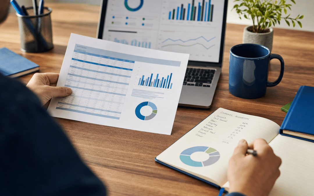 marketing budget review checklist — professional reviewing channel spend spreadsheets at a desk