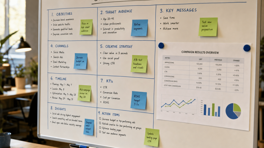 marketing campaign post mortem template shown as a structured whiteboard framework with coloured sections and sticky notes