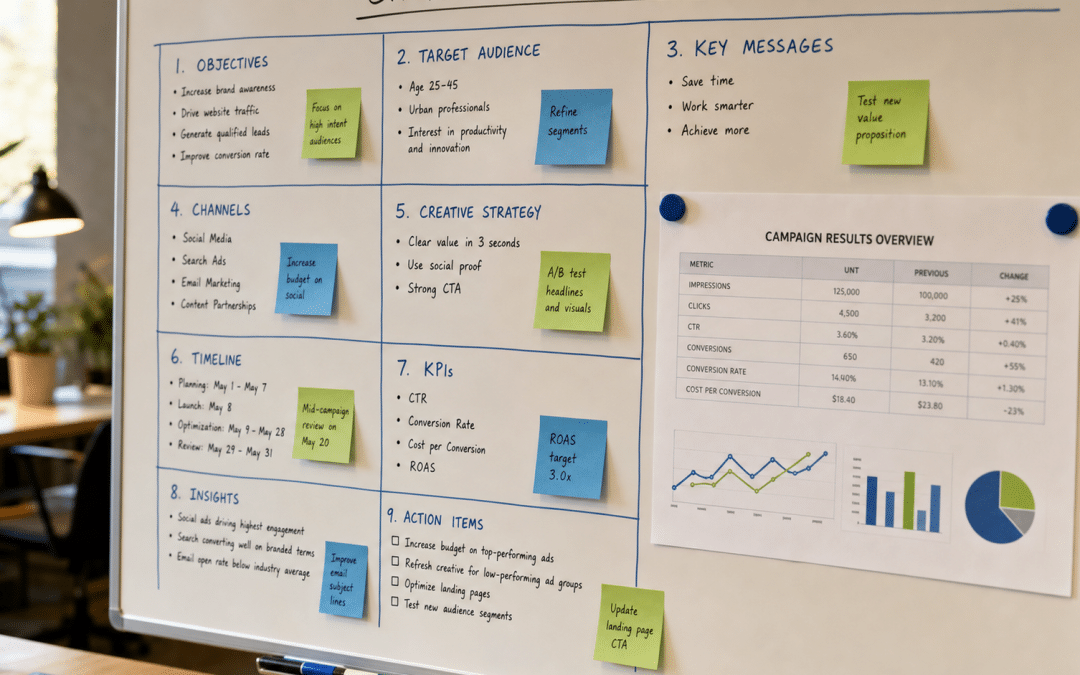 marketing campaign post mortem template shown as a structured whiteboard framework with coloured sections and sticky notes