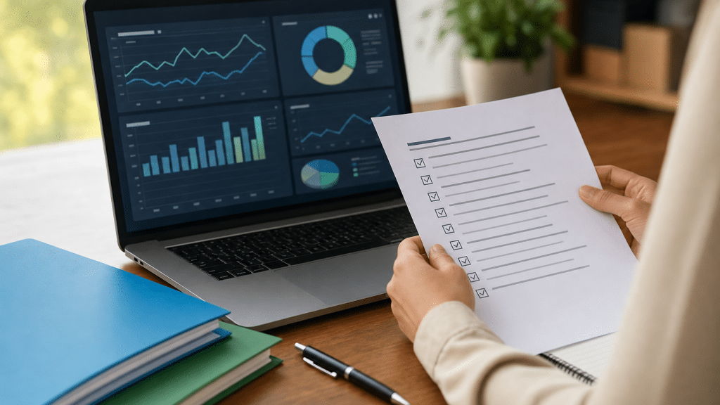 marketing campaign qa checklist review with analytics laptop and printed checklist on desk
