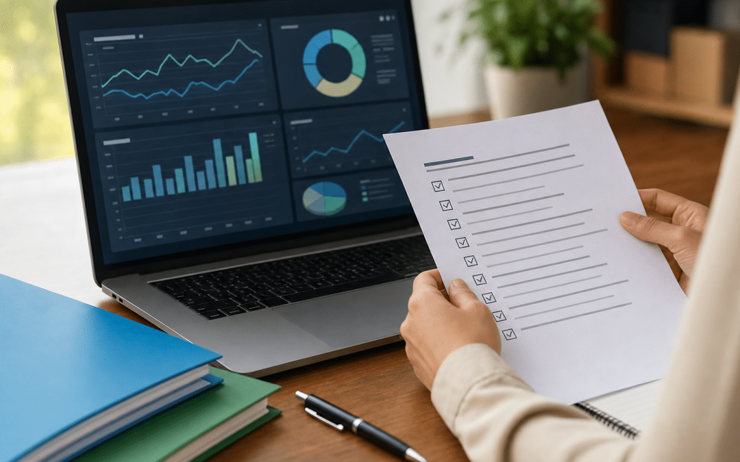 marketing campaign qa checklist review with analytics laptop and printed checklist on desk