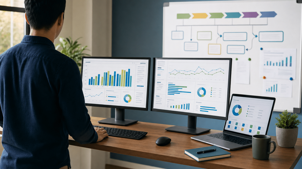 marketing channel testing framework — professional reviewing channel performance analytics at a standing desk