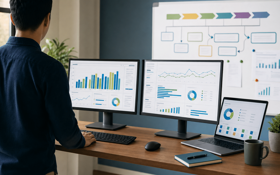 marketing channel testing framework — professional reviewing channel performance analytics at a standing desk