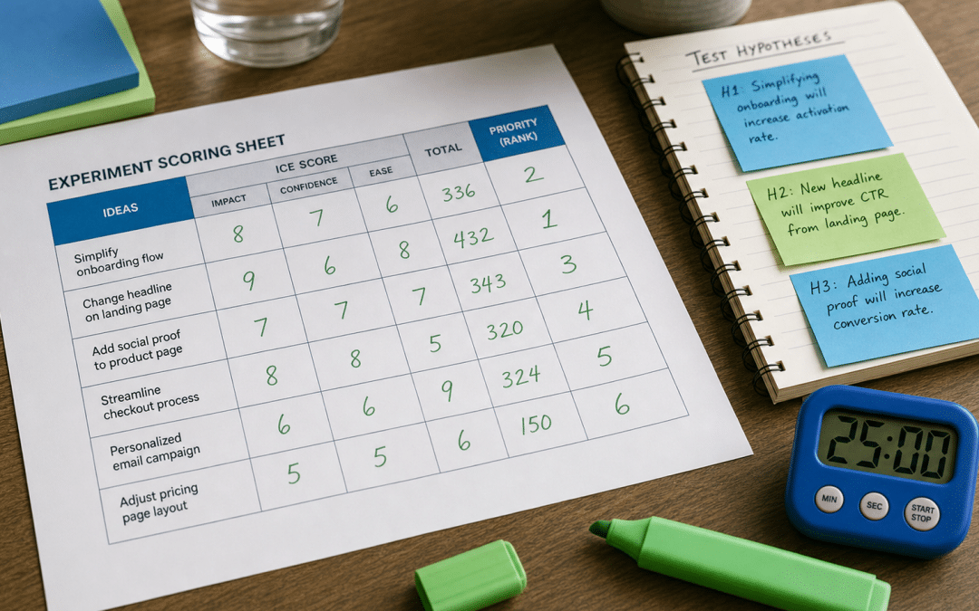 marketing experiment backlog guide — ICE-scored experiment priority spreadsheet with sticky notes and hypothesis cards