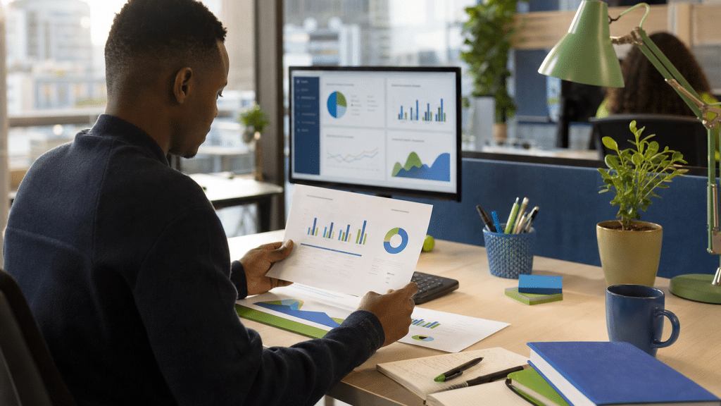 marketing internship salaries south africa - young professional reviewing marketing analytics at a modern office desk