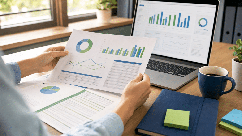 marketing measurement plan template — professional reviewing marketing dashboard and KPI spreadsheet at a desk