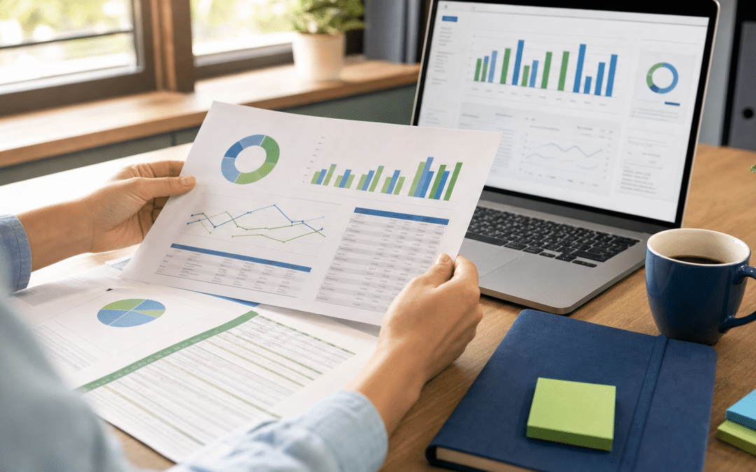 marketing measurement plan template — professional reviewing marketing dashboard and KPI spreadsheet at a desk