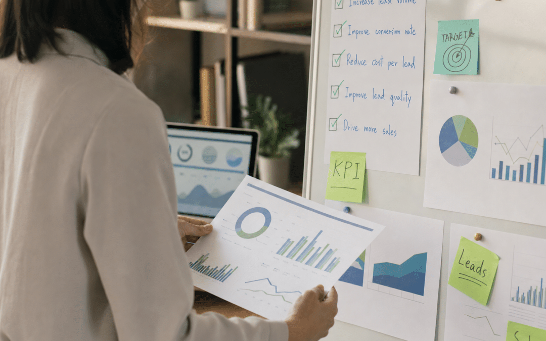 marketing performance review checklist — consultant reviewing analytics reports and KPI checklist on a whiteboard