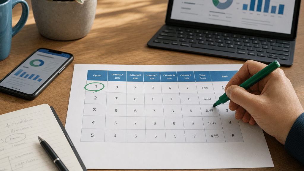 marketing prioritisation framework scoring matrix on a desk with green accent items
