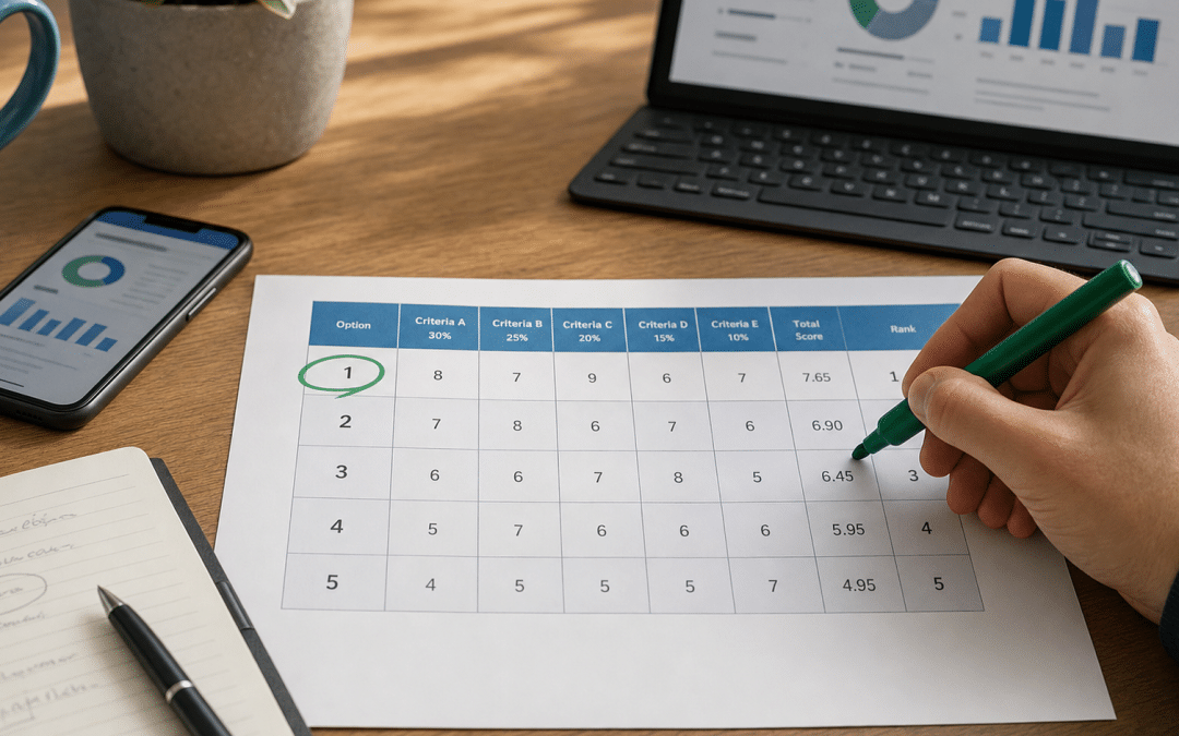 marketing prioritisation framework scoring matrix on a desk with green accent items