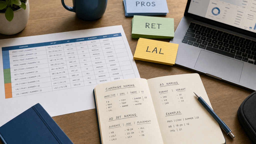 meta ads campaign naming convention spreadsheet and colour-coded index cards on a desk
