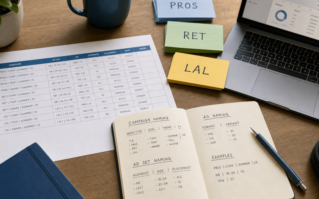 meta ads campaign naming convention spreadsheet and colour-coded index cards on a desk