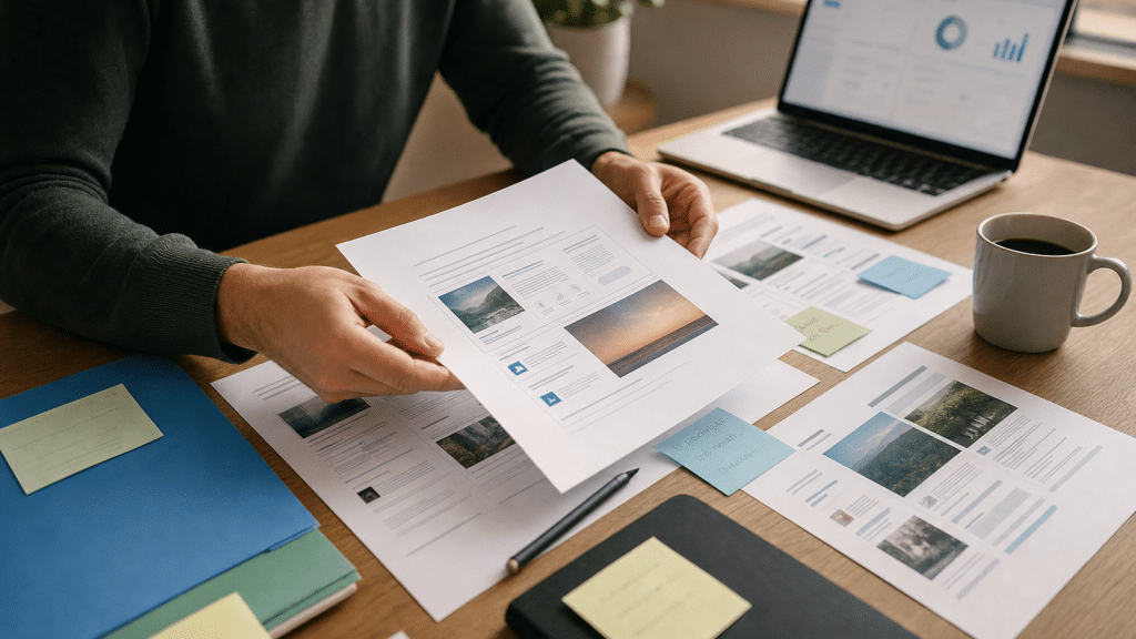 meta ads creative brief template — marketing professional reviewing printed creative brief at a studio desk