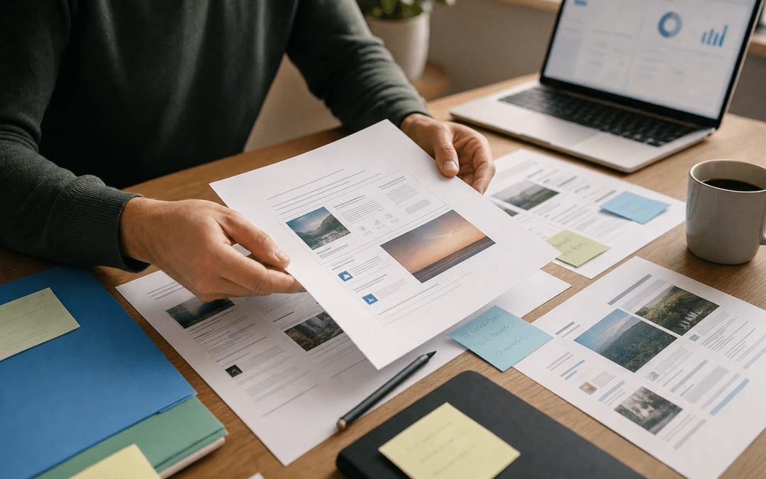 meta ads creative brief template — marketing professional reviewing printed creative brief at a studio desk