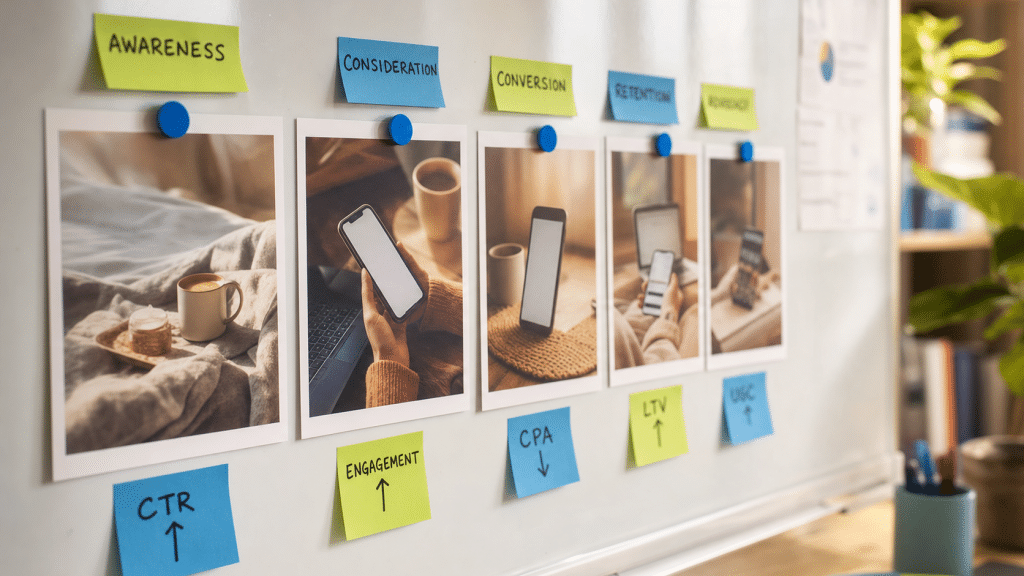 meta ads creative fatigue explained — ad creative cards arranged on a whiteboard showing performance stages