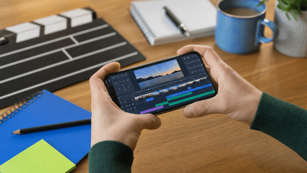 meta ads hook testing guide — smartphone with video timeline and clapperboard on wooden desk