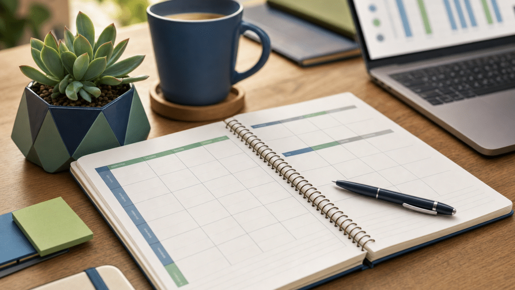 meta ads learning phase explained — campaign planning notebook and scheduling grid on a desk