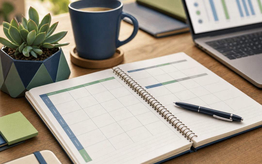 meta ads learning phase explained — campaign planning notebook and scheduling grid on a desk